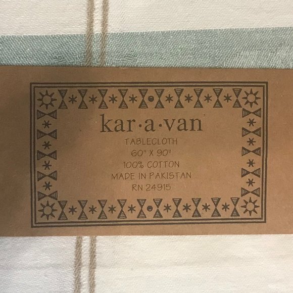 Cotton tablecloth with tan and green woven stripes from Pakistan - Picture 2 of 3